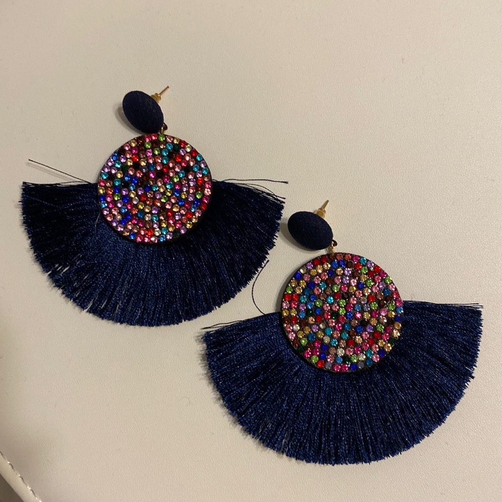 NWOT Blue fringed and rainbow rhinestone earrings